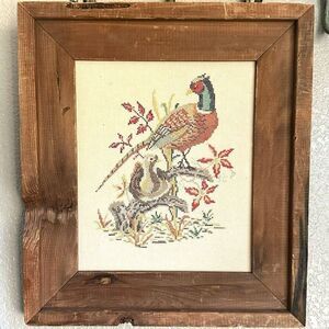 Vintage Wood Framed Pheasant Bird Wall Art Female & Male Cross Stitch Hand Made